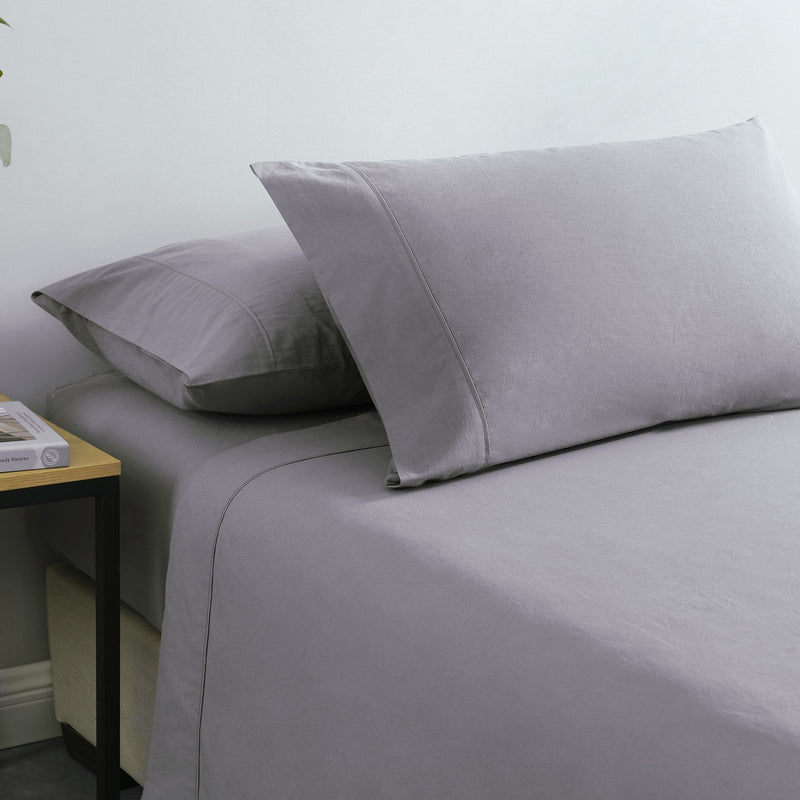 Royal Comfort Vintage Washed 100% Cotton Sheet Set Fitted Flat Sheet Pillowcases Double Grey - Rivercity House & Home Co. (ABN 18 642 972 209) - Affordable Modern Furniture Australia
