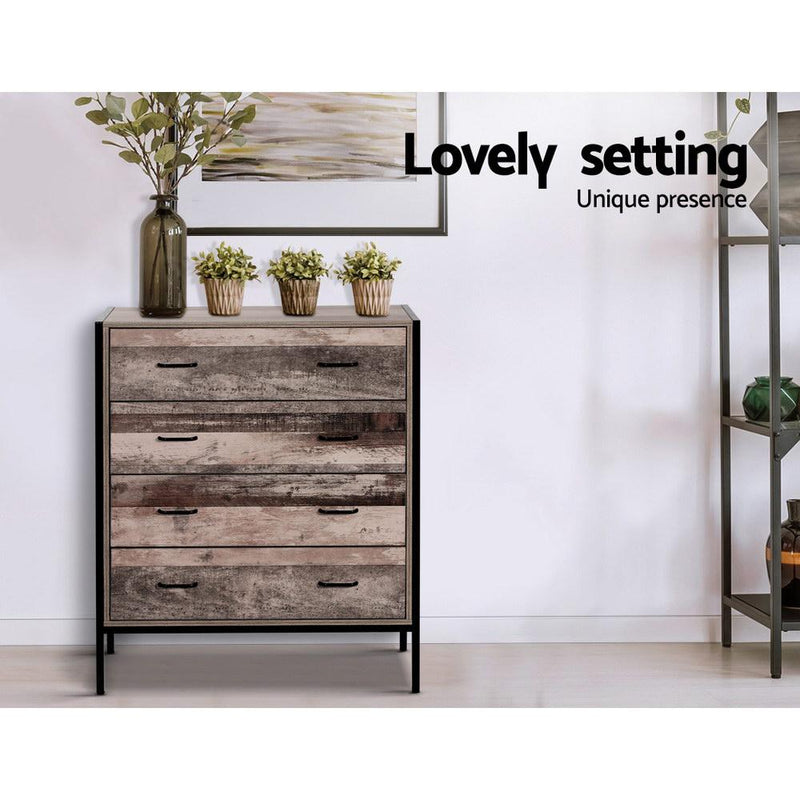 Rustic Industrial Look 4-drawer Tallboy - Rivercity House & Home Co. (ABN 18 642 972 209) - Affordable Modern Furniture Australia