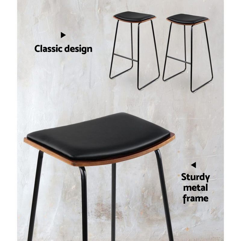 Set of 2 Backless PU Leather Bar Stools - Black and Wood - Furniture > Bar Stools & Chairs - Rivercity House And Home Co.