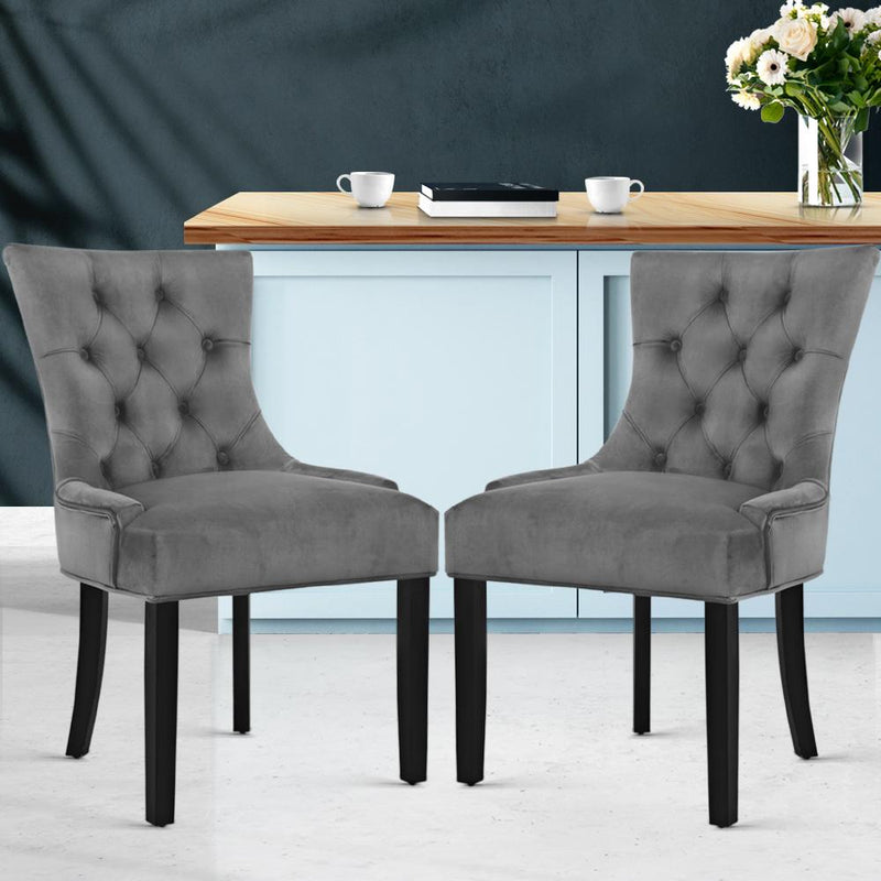 Set of 2 Dining Chairs French Provincial Retro Chair Wooden Velvet Fabric Grey - Rivercity House & Home Co. (ABN 18 642 972 209) - Affordable Modern Furniture Australia