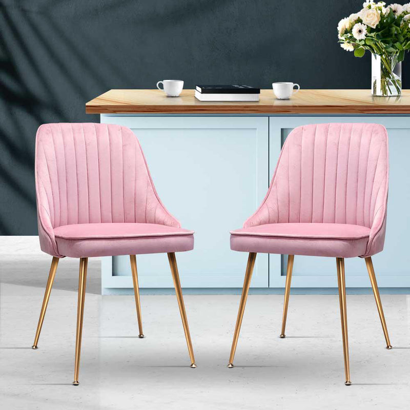 Set of 2 Dining Chairs Retro Chair Cafe Kitchen Modern Iron Legs Velvet Pink - Rivercity House & Home Co. (ABN 18 642 972 209) - Affordable Modern Furniture Australia