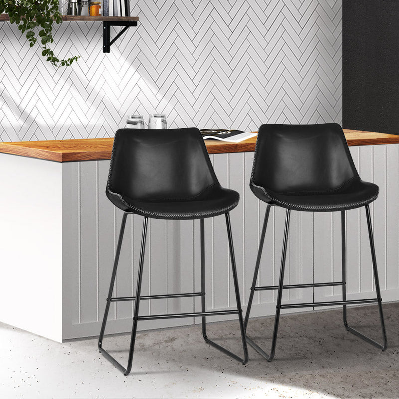 Set of 2 Metal Bar Stools (Black PU Leather) - Rivercity House & Home Co. (ABN 18 642 972 209) - Affordable Modern Furniture Australia