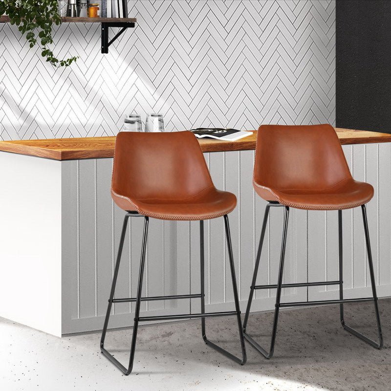 Set of 2 Metal Bar Stools (Brown PU Leather) - Rivercity House & Home Co. (ABN 18 642 972 209) - Affordable Modern Furniture Australia