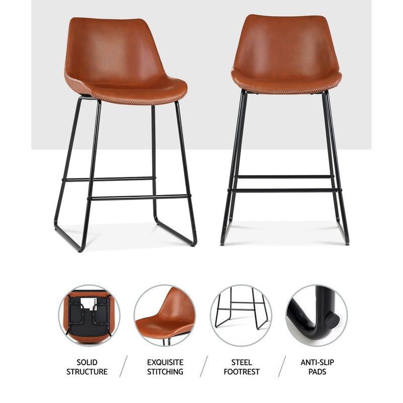Set of 2 Metal Bar Stools (Brown PU Leather) - Rivercity House & Home Co. (ABN 18 642 972 209) - Affordable Modern Furniture Australia