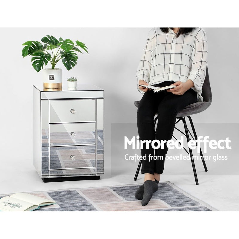 Set of 2 Mirrored Bedside Tables With 3 Drawers - Furniture > Bedroom - Rivercity House & Home Co. (ABN 18 642 972 209)