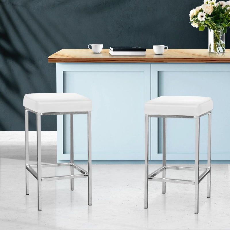 Set of 2 PU Leather Backless Bar Stools - White and Chrome - Rivercity House & Home Co. (ABN 18 642 972 209) - Affordable Modern Furniture Australia