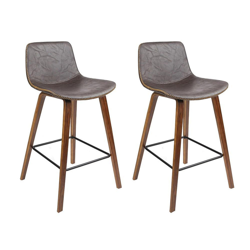 Set of 2 PU Leather Bar Stools Square Footrest - Wood and Brown - Furniture > Bar Stools & Chairs - Rivercity House And Home Co.