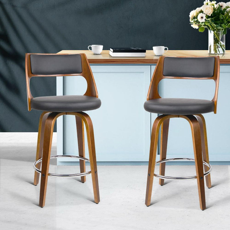 Set of 2 Wooden Bar Stools PU Leather - Black and Wood - Rivercity House & Home Co. (ABN 18 642 972 209) - Affordable Modern Furniture Australia