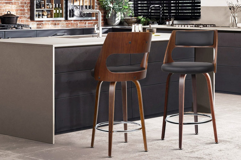 Set of 2 Wooden Bar Stools PU Leather - Black and Wood - Rivercity House & Home Co. (ABN 18 642 972 209) - Affordable Modern Furniture Australia