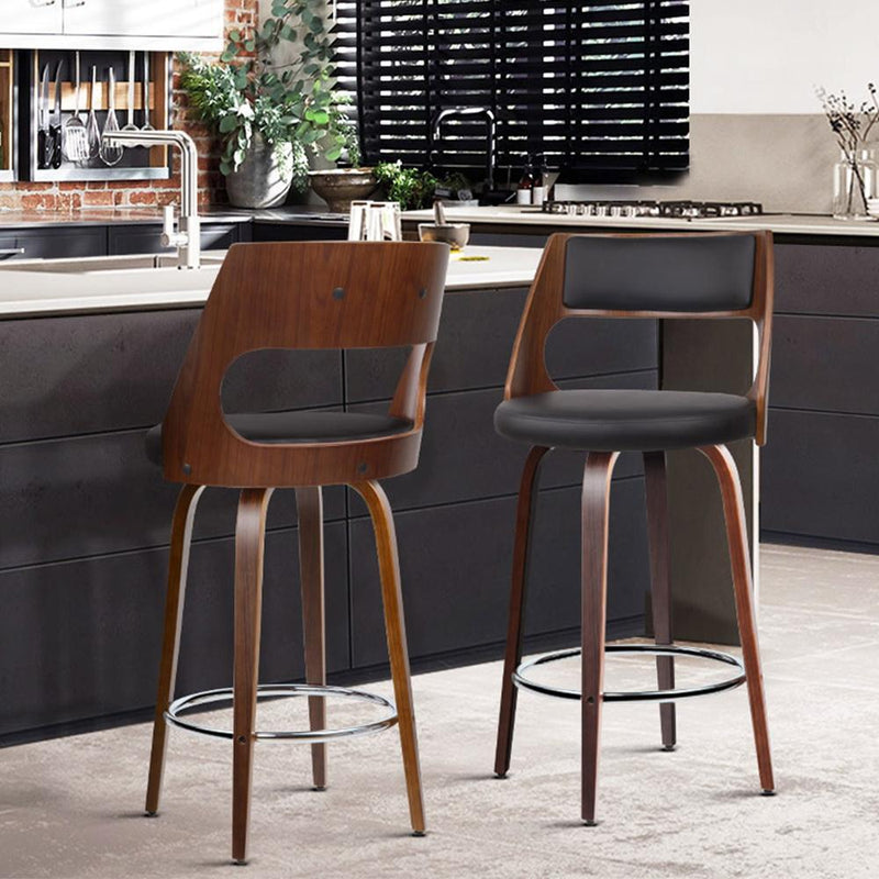 Set of 2 Wooden Bar Stools PU Leather - Black and Wood - Rivercity House & Home Co. (ABN 18 642 972 209) - Affordable Modern Furniture Australia