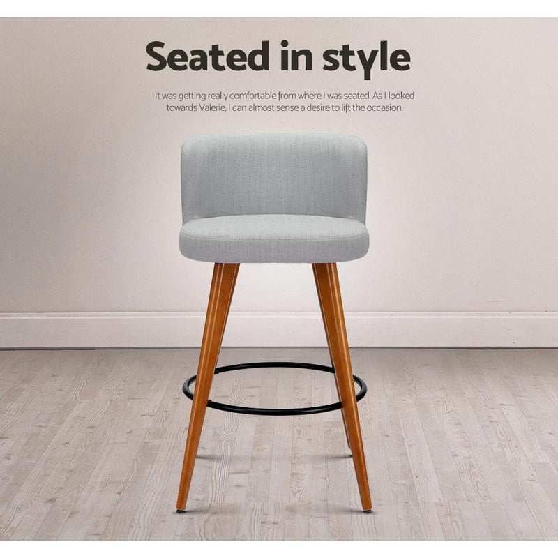Set of 2 Wooden Fabric Bar Stools Circular Footrest - Light Grey - Rivercity House & Home Co. (ABN 18 642 972 209) - Affordable Modern Furniture Australia