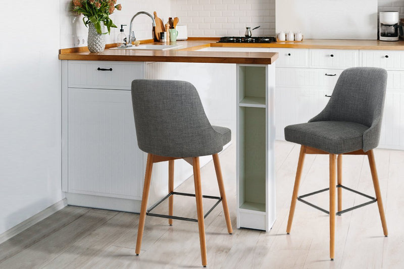 Set of 2 Wooden Fabric Bar Stools Square Footrest - Charcoal - Rivercity House & Home Co. (ABN 18 642 972 209) - Affordable Modern Furniture Australia