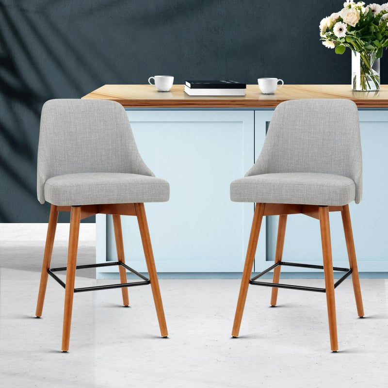 Set of 2 Wooden Fabric Bar Stools Square Footrest - Light Grey - Furniture - Rivercity House And Home Co.