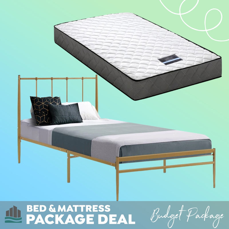 Single Package | Amor Bed Gold & Alzbeta Bonnell Spring Mattress (Medium Firm) - Furniture > Bedroom - Rivercity House & Home Co. (ABN 18 642 972 209) - Affordable Modern Furniture Australia