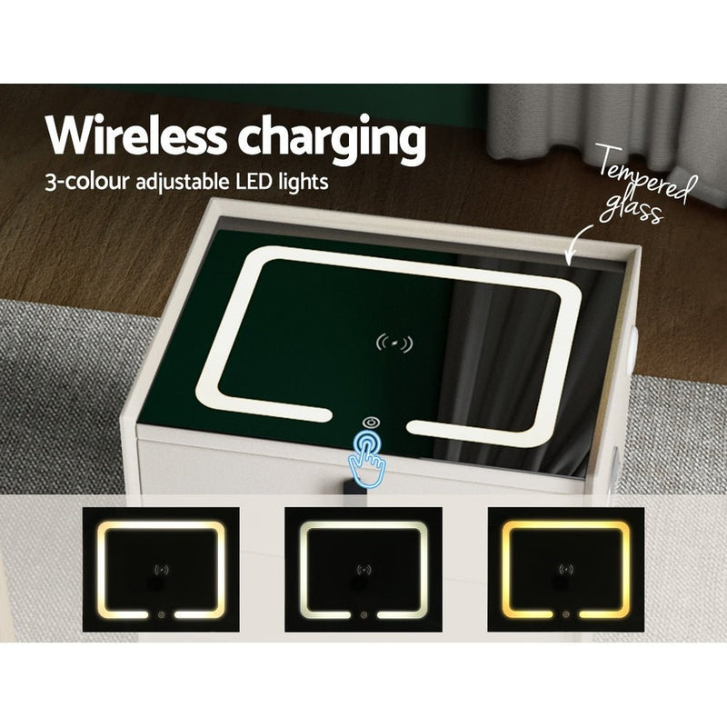 Smart Bedside Table 2 Drawers with Wireless Charging Ports LED Lights - Furniture > Bedroom - Rivercity House & Home Co. (ABN 18 642 972 209)