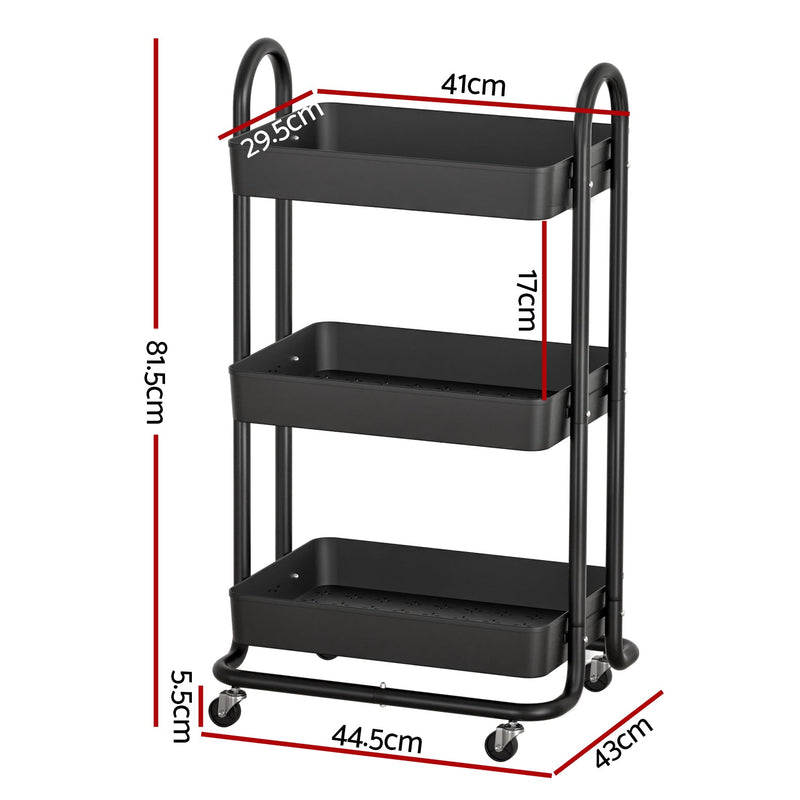 Storage Trolley Kitchen Cart 3 Tiers Rack Shelf Organiser Wheels Black - Home & Garden > Storage - Rivercity House & Home Co. (ABN 18 642 972 209) - Affordable Modern Furniture Australia