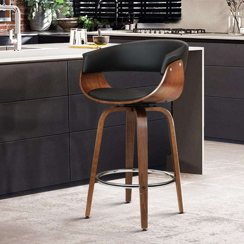 Swivel PU Leather Bar Stool - Wood and Black - Rivercity House & Home Co. (ABN 18 642 972 209) - Affordable Modern Furniture Australia
