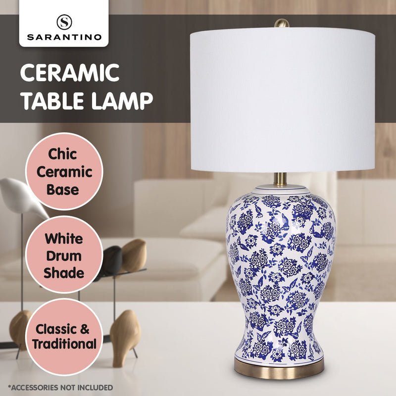 Table Lamp Ceramic Floral Base Cotton Drum Shade - Home & Garden > Lighting - Rivercity House & Home Co. (ABN 18 642 972 209) - Affordable Modern Furniture Australia