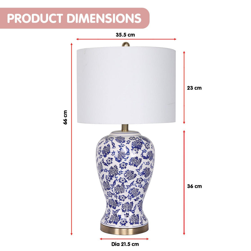 Table Lamp Ceramic Floral Base Cotton Drum Shade - Home & Garden > Lighting - Rivercity House & Home Co. (ABN 18 642 972 209) - Affordable Modern Furniture Australia