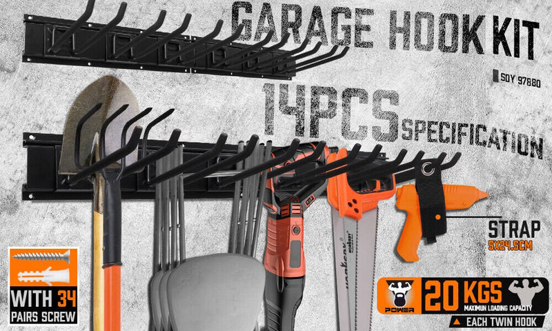 Wall Mounted Hook Rail Set Bike Holder Garden Tool Storage Rack Garage Organizer - Tools > Other Tools - Rivercity House & Home Co. (ABN 18 642 972 209) - Affordable Modern Furniture Australia