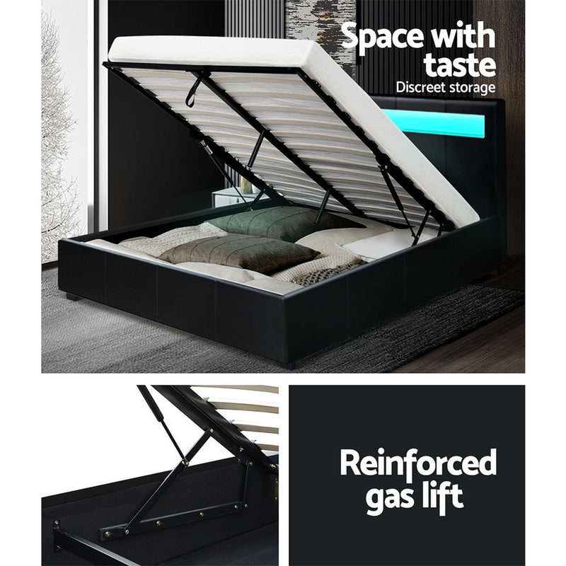 Wanda LED Storage Double Bed Frame Black - Rivercity House & Home Co. (ABN 18 642 972 209) - Affordable Modern Furniture Australia