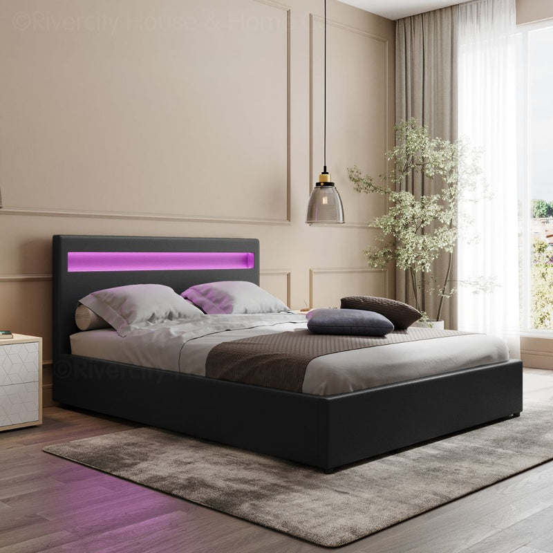 Wanda LED Storage Double Bed Frame Black - Rivercity House & Home Co. (ABN 18 642 972 209) - Affordable Modern Furniture Australia
