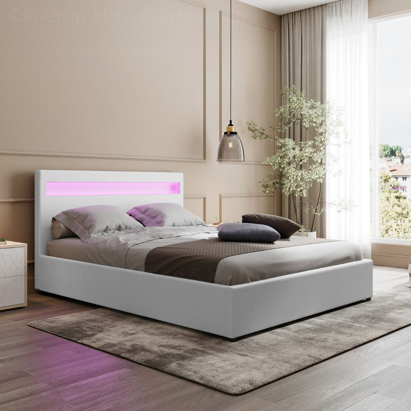 Wanda LED Storage Queen Bed Frame White - Rivercity House & Home Co. (ABN 18 642 972 209) - Affordable Modern Furniture Australia