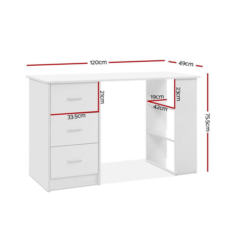 White Computer Desk With 3 Drawers & Shelves 120cm - Furniture - Rivercity House & Home Co. (ABN 18 642 972 209) - Affordable Modern Furniture Australia