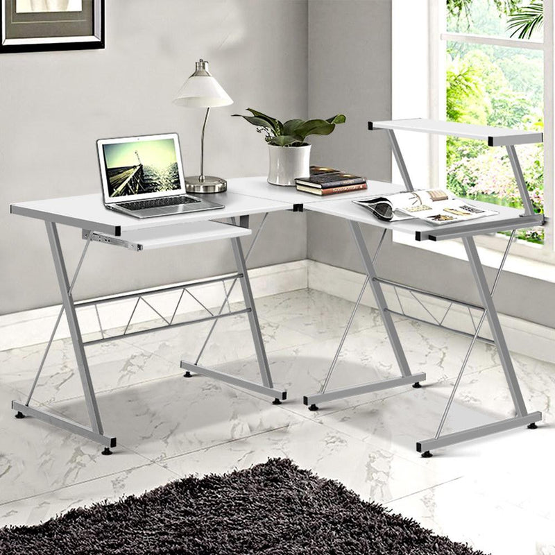 White Metal Desk with Pull Out Keyboard Table & Shelving - Furniture - Rivercity House & Home Co. (ABN 18 642 972 209) - Affordable Modern Furniture Australia