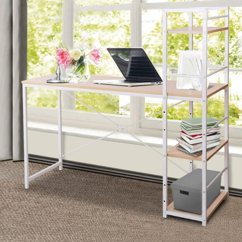 White & Oak Metal Computer Desk with Shelving - Furniture - Rivercity House And Home Co.
