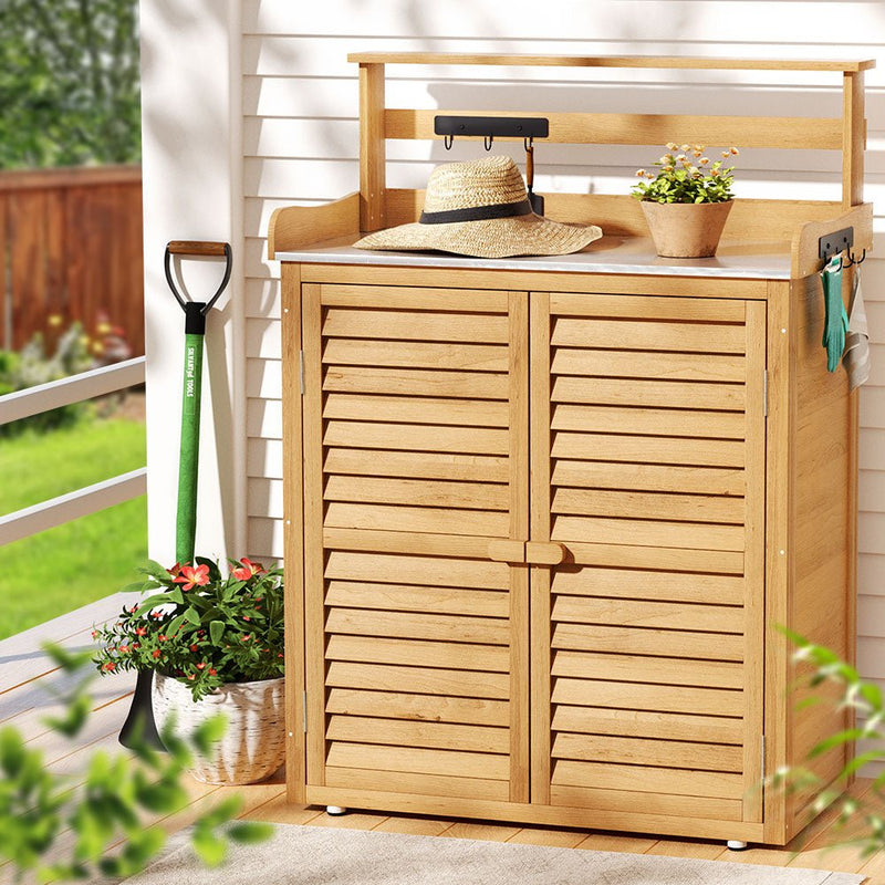 Wooden Outdoor Storage Cabinet Box With Steel Table Top - Home & Garden > Storage - Rivercity House & Home Co. (ABN 18 642 972 209) - Affordable Modern Furniture Australia