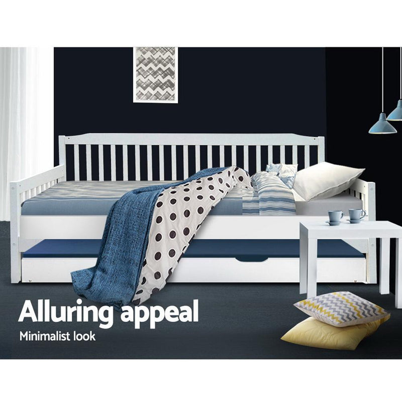 Wooden Trundle Single Bed Frame White - Furniture > Living Room - Rivercity House & Home Co. (ABN 18 642 972 209) - Affordable Modern Furniture Australia