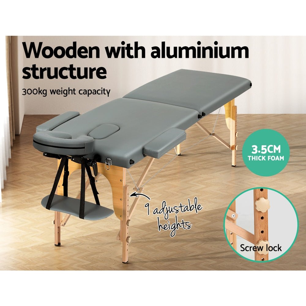 Massage Table 56cm Portable 2 Fold Wooden Beauty Bed Grey - Health & Beauty > Massage - Rivercity House & Home Co. (ABN 18 642 972 209) - Affordable Modern Furniture Australia