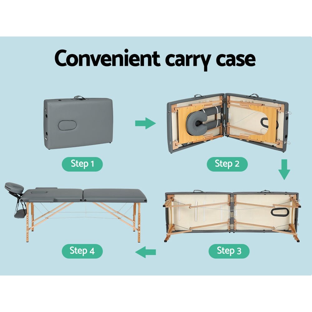 Massage Table 56cm Portable 2 Fold Wooden Beauty Bed Grey - Health & Beauty > Massage - Rivercity House & Home Co. (ABN 18 642 972 209) - Affordable Modern Furniture Australia